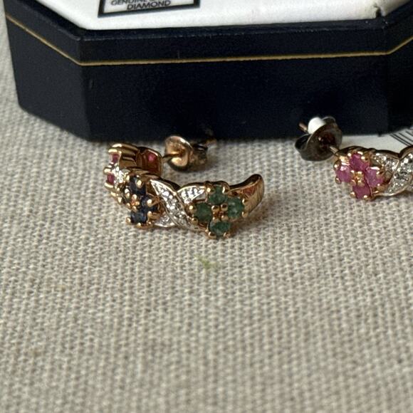 Ruby Emerald Sapphire Diamond Floral Cluster Semi Hoop Earrings 18K GP 925 - Picture 6 of 16